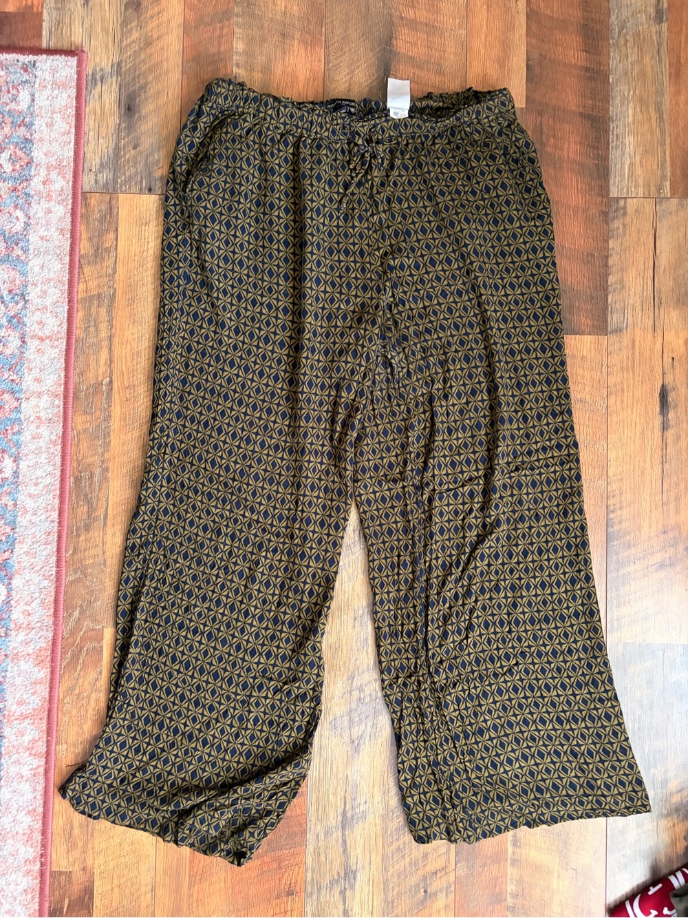 Wide Leg Geometric Print Pants - Navy & Mustard/Olive Green